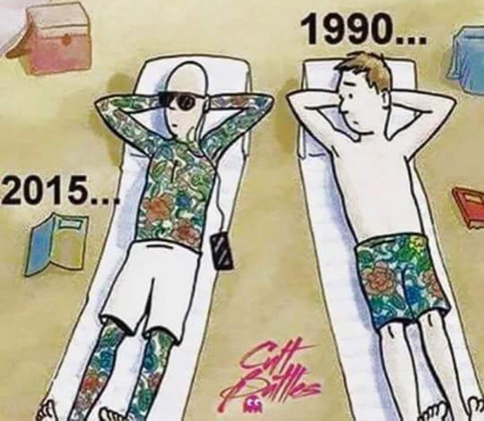 В 1990 году разрисованы шорты, в 2015 всё тело в тату