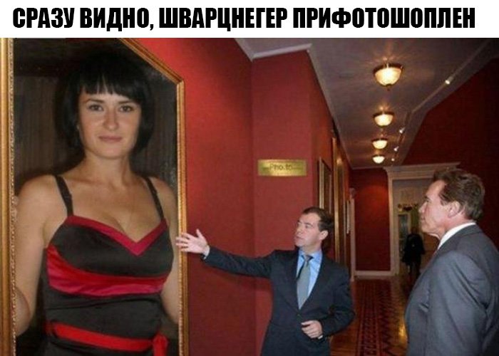 Медведев показывает Шварценеггеру картинку с женщиной